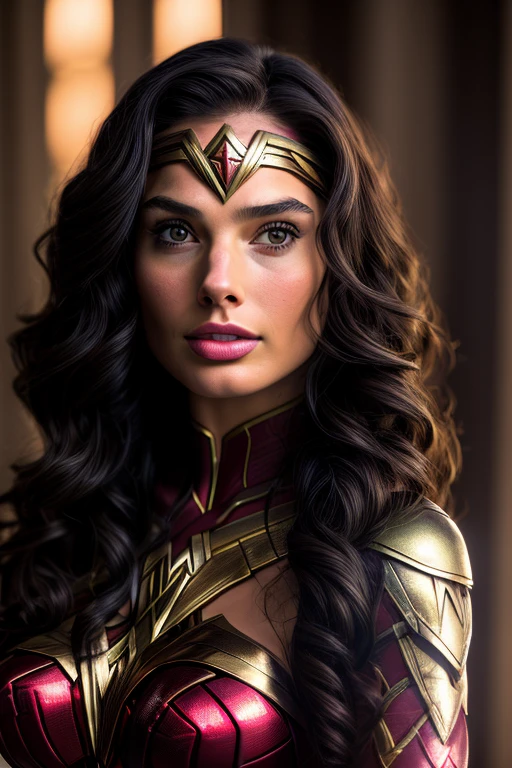 Close-up of a woman dressed in cape, portrait of Wonder Woman, Wonder Woman, dressed as Wonder Woman, gal gadot as Wonder Woman, superhero portrait, margot robbie as Wonder Woman, Gal Gadot sexy painting, Portrait of Gal Gadot, Portrait of Gal Gadot, Beautiful woman, dwayne johnson as Wonder Woman, hero pose colorful city lighting