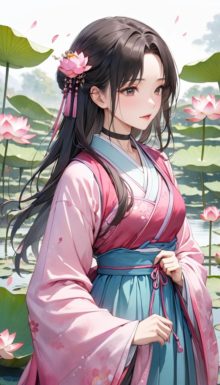 (Hanfu),mature women, grace,The background is a lotus pond, flying petals,antioxidant_mary rose, 1 girl, black choker, ultra high definition, extreme speed, masterpiece, accurate, anatomically correct, textured skin, super detailed, high detail, high quality, best quality, high resolution, 4K,watercolor quality