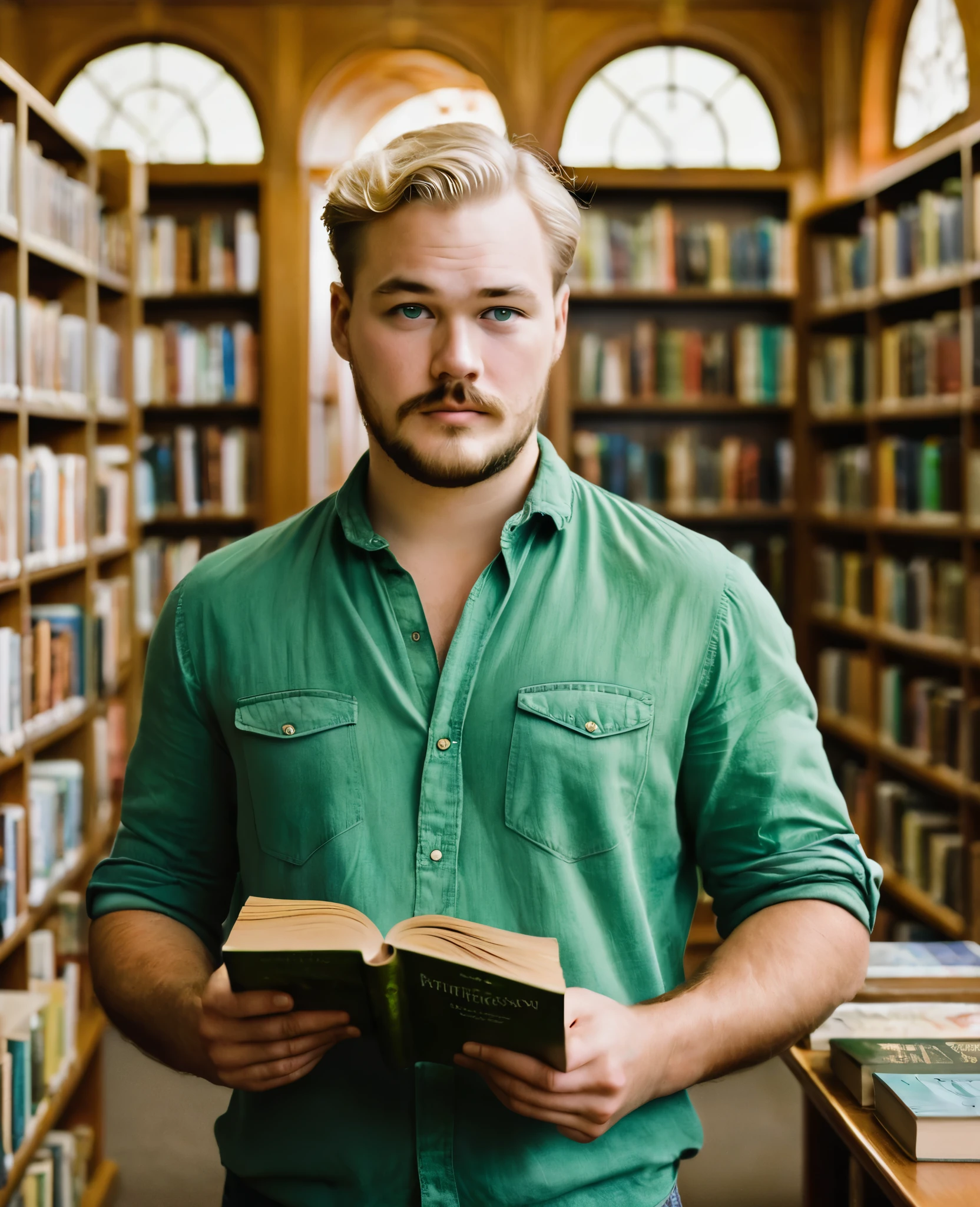 A Caucasian male with very light blonde hair, and green eyes standing in a library and looking at me, with Ernest Hemingway's book  Islands in the Dtreams in his hand.