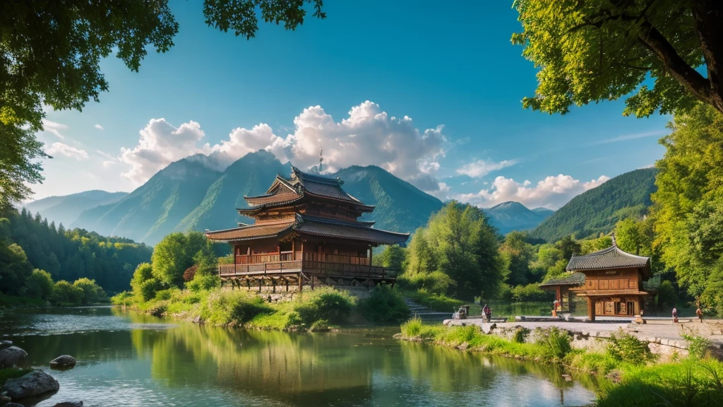 Natural beauty, Ancient Austrian village.  The Stream. cloud, Temple.  Mountain. Lake, close,  mystical beauty, waterfall, 8k