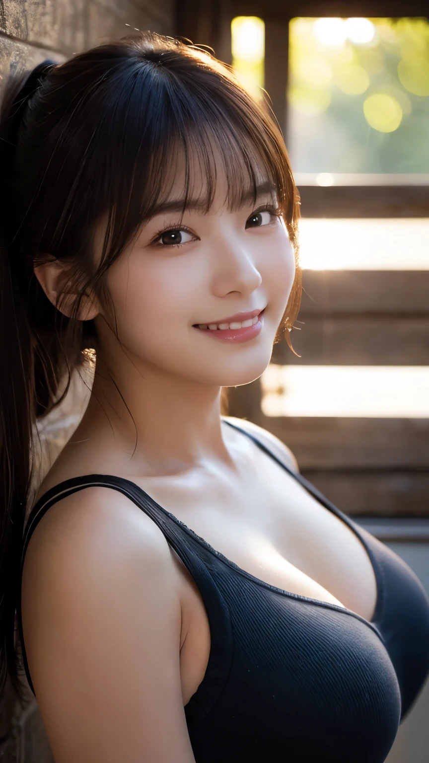 (Highest quality,masterpiece:1.3,Ultra-high resolution),(Very detailed,Caustics,8k),(Realistic:1.4,RAW shooting),1 girl,(Smiling and looking down at the camera),(Front shot:1.1),(Look forward),18-year-old,cute,Japanese,Black short ponytail,,glamorous,(Big Breasts),( close),(breast focus),street,sunlight,Natural light,(Backlight),(A bright light shines from behind),(Lens flare),Professional Writing,(Cowboy Shot),(Low position:1.3),(Low Angle:1.3)