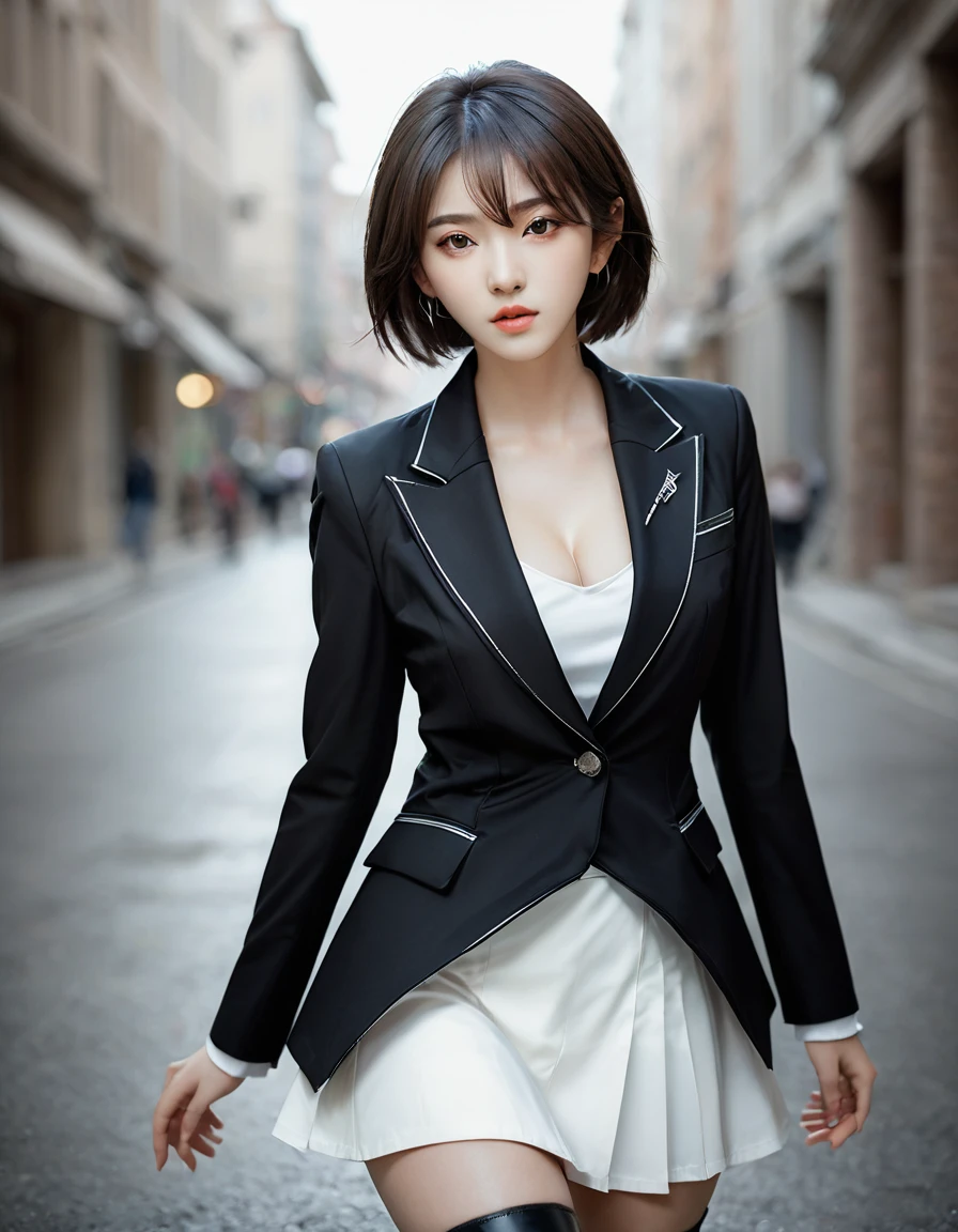 best quality, masterpiece, 1girl, Beautiful face, (photo realistic:1.3), rim lighting, (high detailed skin:1.2), 8k uhd, dslr, high quality, high resolution, 4k, 8k, Bokeh, absurdres, best ratio four finger and one thumb, (realistic:1.31), cute 1girl, wearing black formal blazer, front blazer opened, (huge breasts:1.32), short skirt, hyper sharp, sharp focus, K-pop idol, J-pop idol, Italian woman,