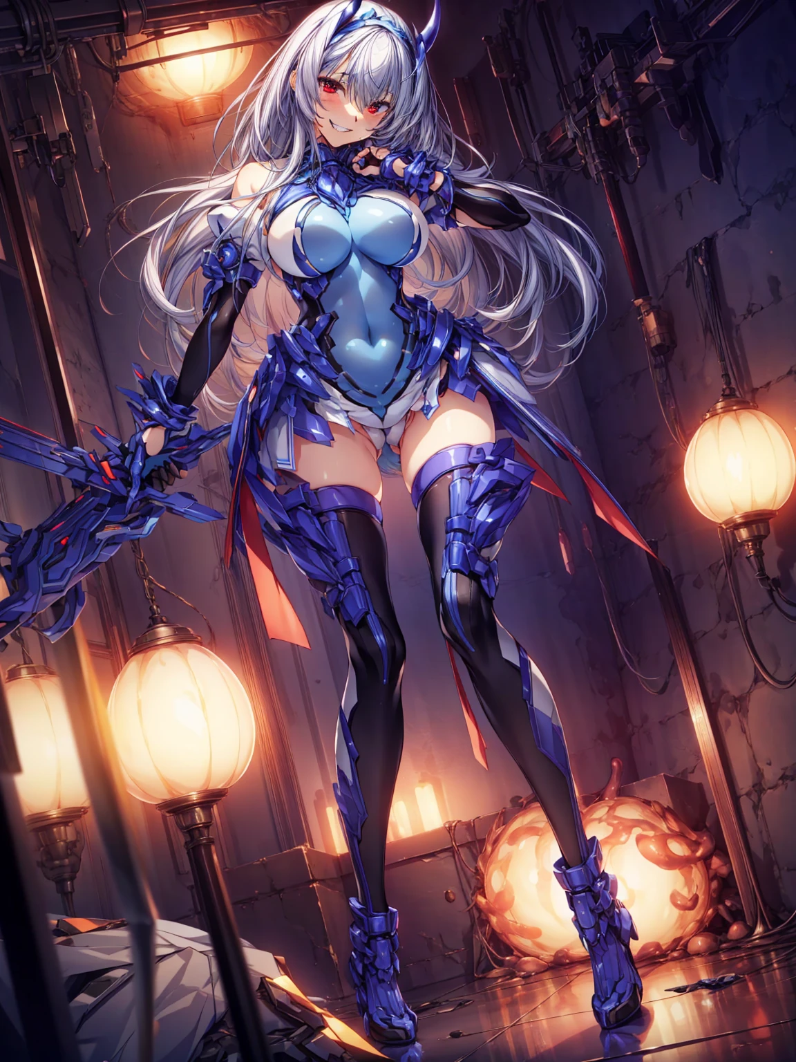 masterpiece, Highest quality, Anime Style,Official Art Beautiful Lighting, 1 Girl, bangs, Inside a futuristic base, (full body:1.2), Blue and white outfit, masterpiece,Noise Reduction,perfect anatomy,high resolution, ultra-detailed,game cg,dutch angle ,beautiful detailed eyes,visualart,five fingers, perfect hands, perfect lighting,(cameltoe:1.3),red eyes,(Silver Hair:1.2),(evil smile:1.4),