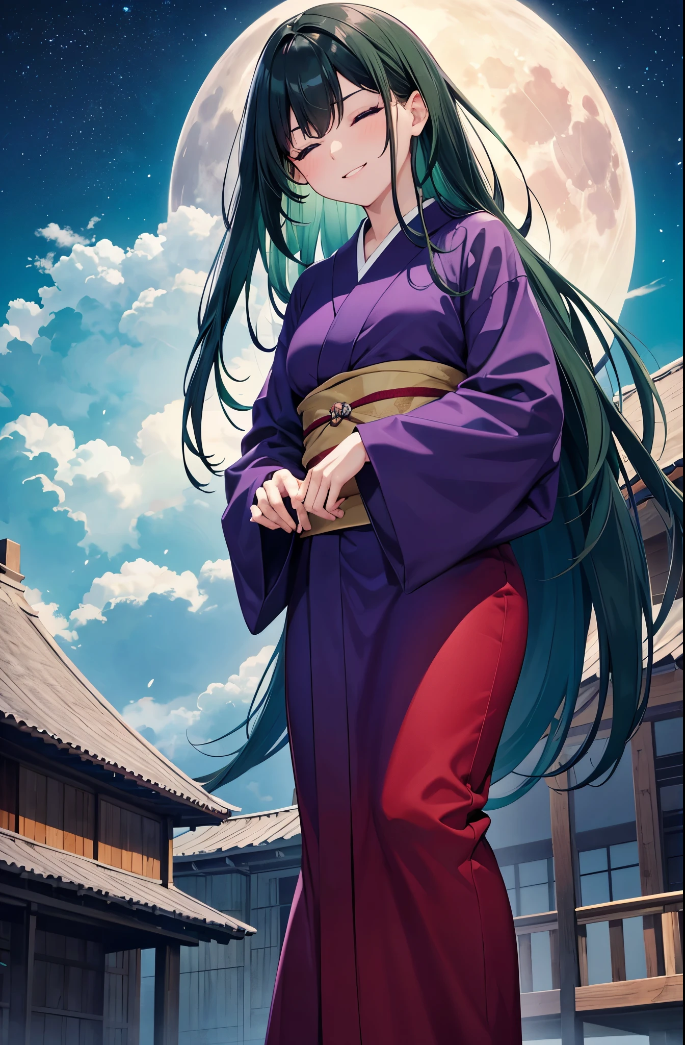Blue eyes, dark green hair, dark green hair color, voluminous dark green hair, voluminous dark green hair, long straight hair, plain purple kimono.
Both eyes closed, eyes closed, dressed like a basilisk ovolo,
Plain purple kimono, visible from face to knees.
Voluminous dark green hair,
Jet black night sky, big red full moon in the sky
Big red full moon in the sky,
In front of the house, in front of the house
Both eyes closed
Standing pose
Big red moon, moonlight, focus on face, fresh smile, big droopy blue eyes