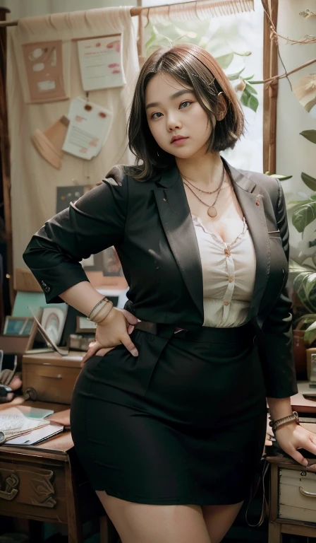 realistic、Curvaceous woman standing alone, Woman in black business suit, wearing a business suit, business women, Woman in business suit, Wear a white collared shirt under your suit、thick skirt、tight skirt、girl in a suit, Woman wearing tight office attire, , girl in suit, 젊은 business women, wearing a business suit, business attire, wear a suit、office uniform、、professional photography、Do not expose skin, japanese model,、,No skin exposed、Fat body, big bust、 Stiff 、、big butts、big tummy、thick waist、toned body、thick thighs、thick arms、round face、fat face、Chubby cheeks、order sauce、big eyes、black hair、short hair、Stand facing forward、Left Hand on Hip Pose、Right hand down position、straight back posture、sun background、Chinese Indonesian woman , whole body , bracelet , necklace , , short hairstyle , fat belly , thick ass , darkroom , , Chubby cheeks , huge breasts, huge ass