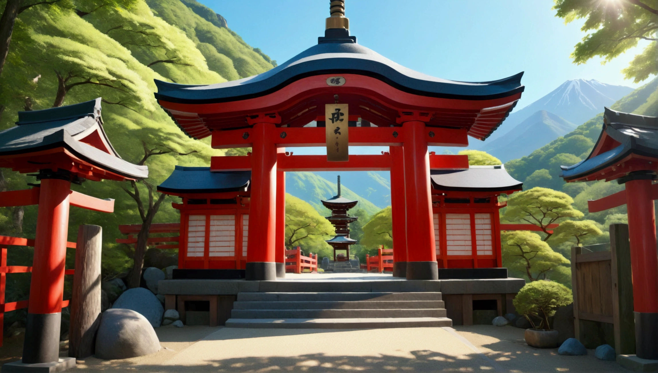 a japanese shrine in the mountains on a sunny summer day, intricate detailed gates, ultra detailed, 8k, highres, masterpiece:1.2, realistic:1.37, professional, vivid colors, physically-based rendering, extreme detail, hdr, uhd, studio lighting