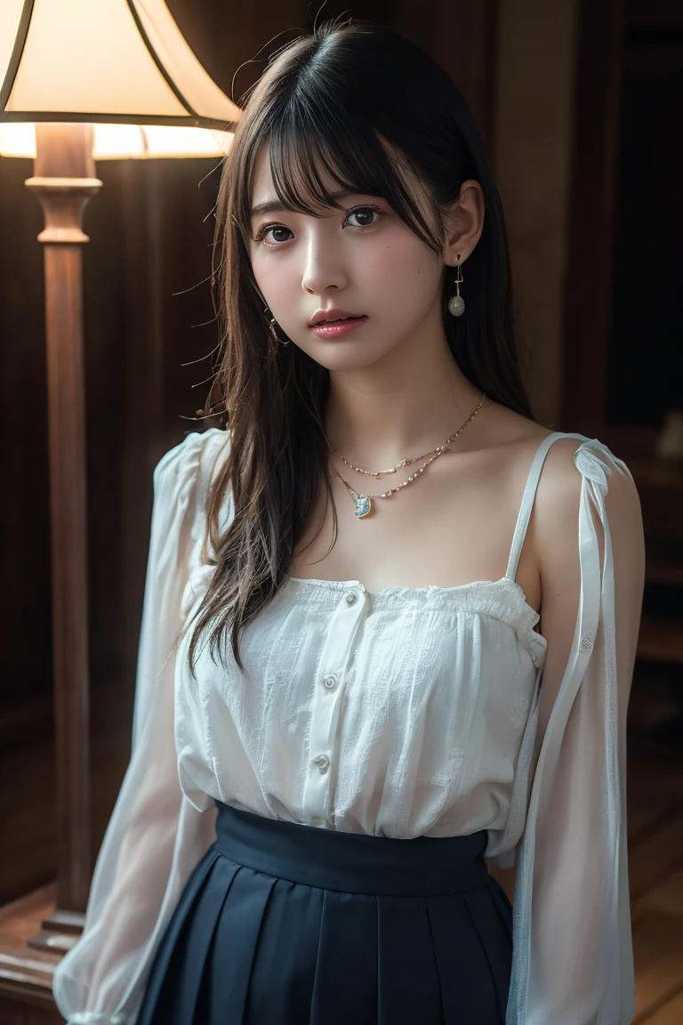 (Highest quality:1.4)，(masterpiece:1.4)，(Realistic:1.4)，(Realistic:1.2)，(超High resolution， RAW Photos:1.4)，(High resolution， Ultra-detailed:1.2)，(8k:1.2)，View your viewers，Cinematic photography，One girl，skeletally correct，Black-haired woman，Woman in her early 20s，(Small earrings，necklace，Tulle blouse，Bustier，Crochet skirt)，（Western-style building interior，Dimly lit room，The lamplight shines on my cheeks）
