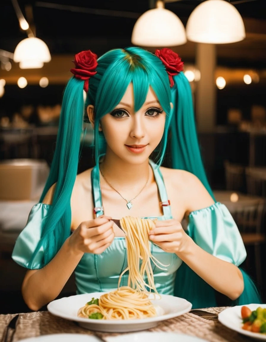 A real-life live-action Hatsune Miku eating spaghetti