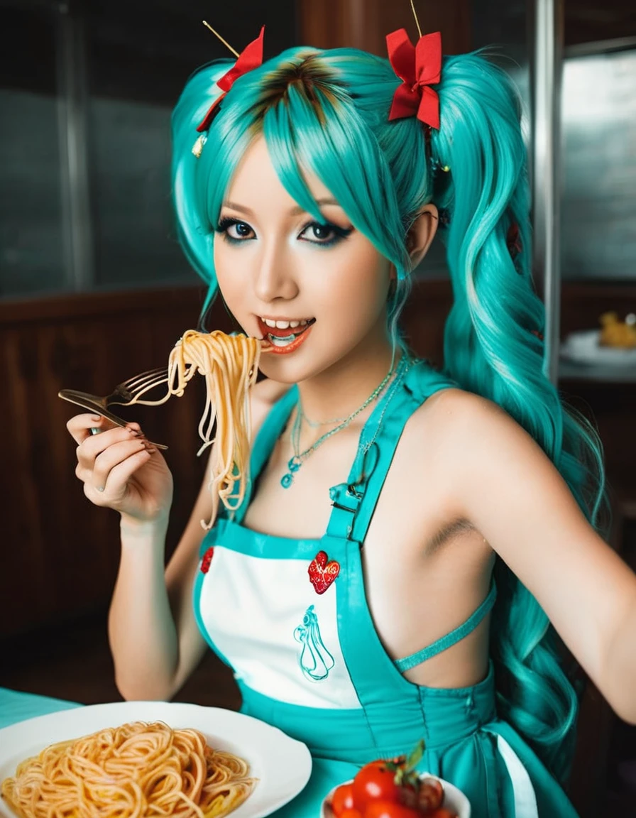 A real-life live-action Hatsune Miku eating spaghetti