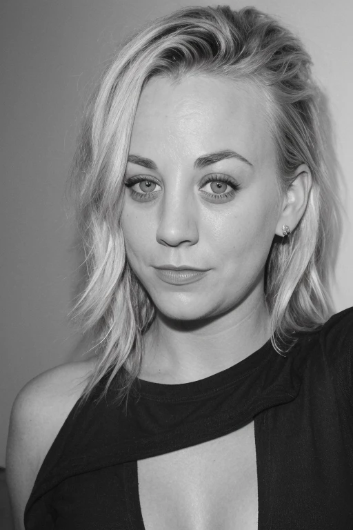 a selfie of a 19 year old Kaley Cuoco, taken with iphone camera , arm raised, party beauty, beautiful girl, black and white photography, hard contrast, hard shadows, t-shirt dress, smirk, cute makeup