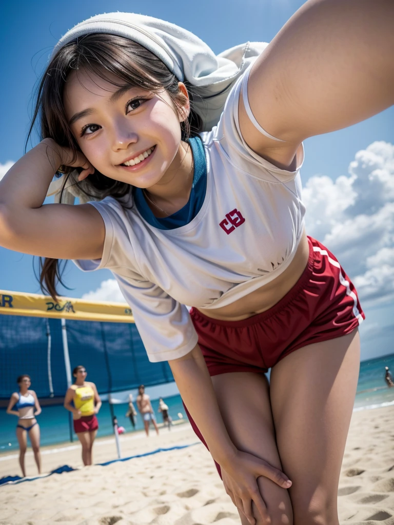 16 year old Japanese girl, Bob, Beach Volleyball, cute, smile, Thigh close-up、Look up at the camera