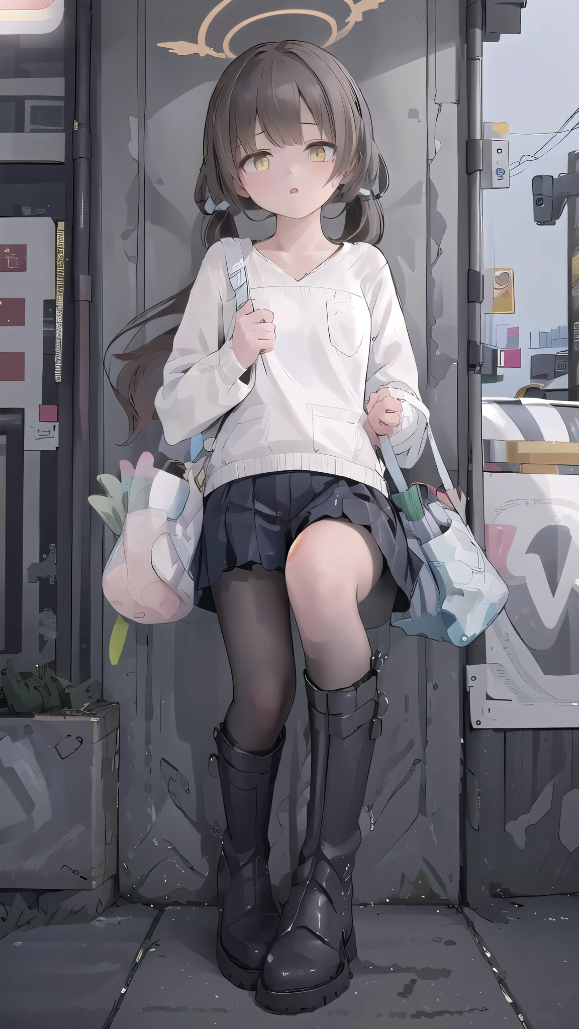 (masterpiece, best quality, Extremely detailed), Extremely detailed CG unity 8k wallpaper, (Optimal lighting, Best shadow, Extremely delicate and beautiful), absurd, 
Street corner, 1 Girl, Solitary,  
Long hair, Light brown hair, Yellow eyes, 
 Low double ponytail, , Pleated Skirt, Ribbon, Halo, Bag, White, 
Squat,
black leather boots，female masturbation