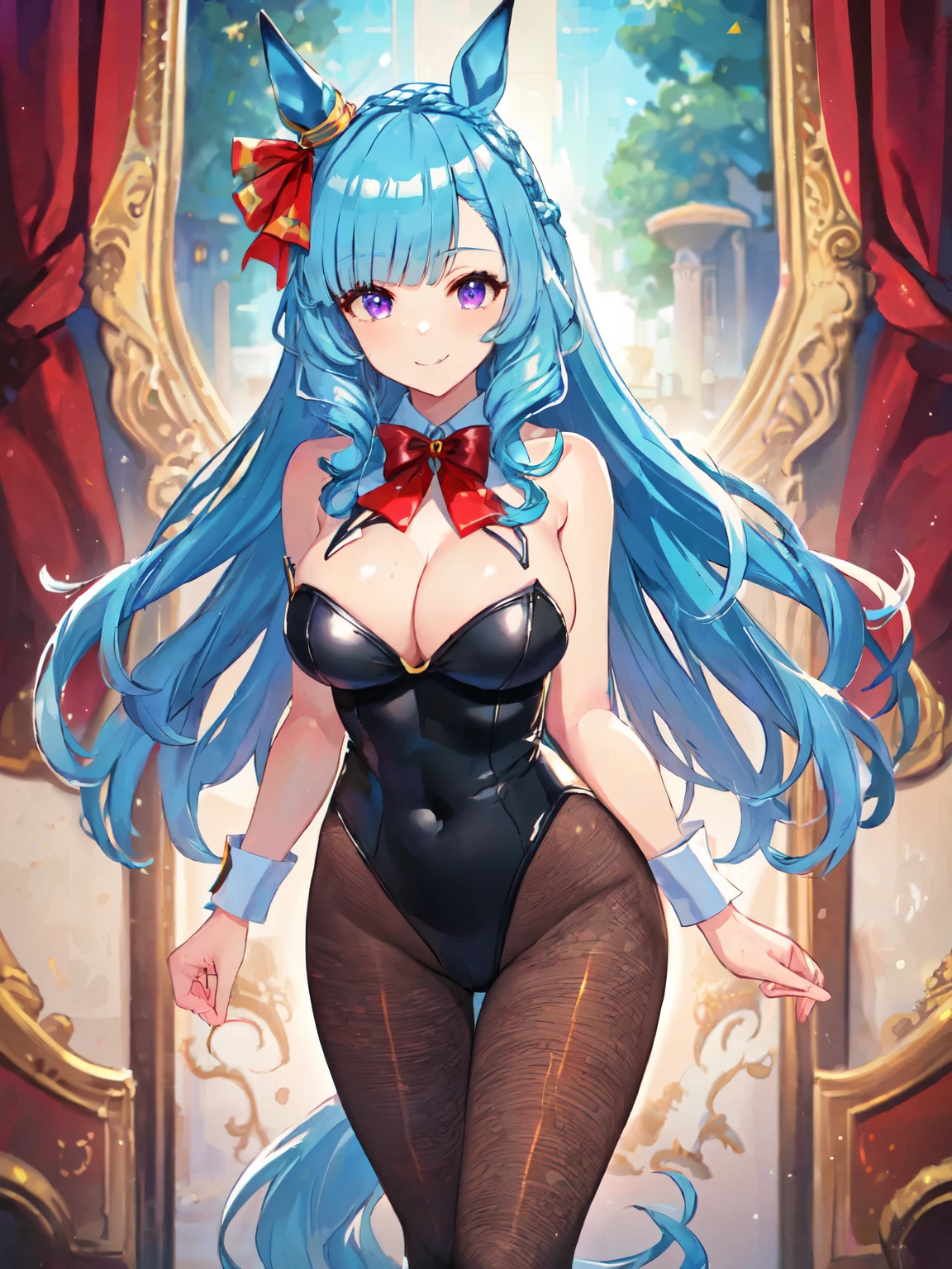 ((Highest quality, masterpiece, High resolution)), One girl, White-eye Aldan\(umamusume\), Bunny girl, casino, smile, Are standing, Large Breasts, Cleavage, Horse tail, Perfect hands, Light blue hair, ((Black Bunny Suit, Red bow tie, Fishnet tights))