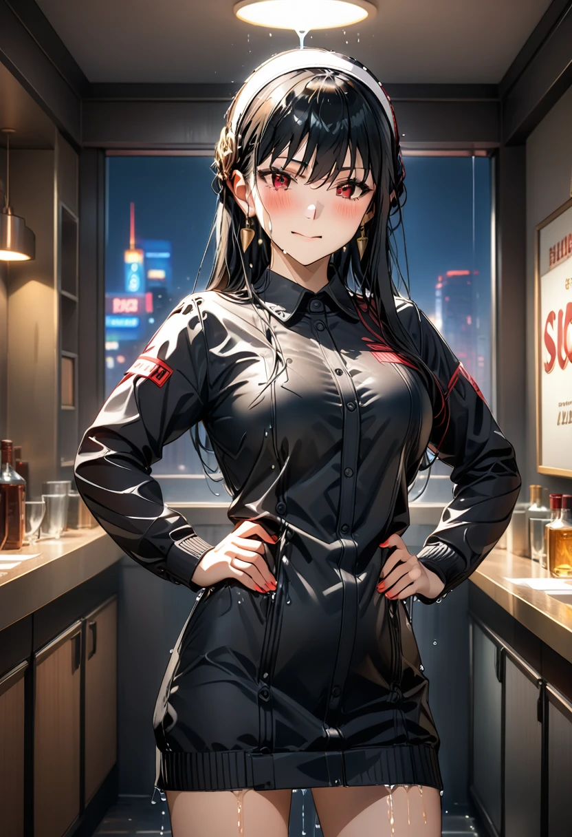 score_9,score_8_up, score_7_up, score_6_up, score_5_up, score_4_up, score_anime, score_realstic, Red eye, black hair, long hair, standing, (wetting herself:1.5), best quality, ultra-detailed, HDR, studio lighting, professional, vivid colors, sharp focus, bokeh, landscape, love hotel, bar counter, night, window, cityscape, colorful city, neon lights, futuristic, science fiction, soft lighting, dynamic shadows, (embarrassed:1.5), (humiliation:1.5), (blushing:1.5), angry, facing viewer, (hands on hips:1.5)