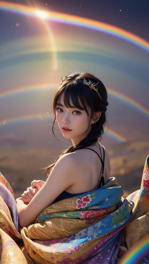 Beautiful Japanese Woman, (masterpiece: 1.2), (Highest quality), 4K, Very detailed, (moving composition: 1.4), Very detailed, Colorful details, (Rainbow colors: 1.2), (Bright lighting, Atmospheric lighting), dream-like, magic, (alone: 1.2) ,