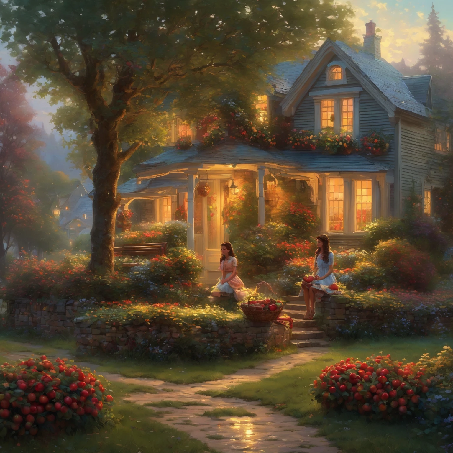 a painting depicting a girl sitting on a bench in front of the house, with a basket full of apples on her lap., beautiful art uhd 4 k, 4 k matte thomas kinkade, tomas kinkade, rhads and thomas kinkade, kinkade. award winning, rainy evening, gloss, glossy, ( ( thomas kinkade ) ), thomas kinkade cfg _ scale 9, kinkade, thomas kinkade. cute cozy room