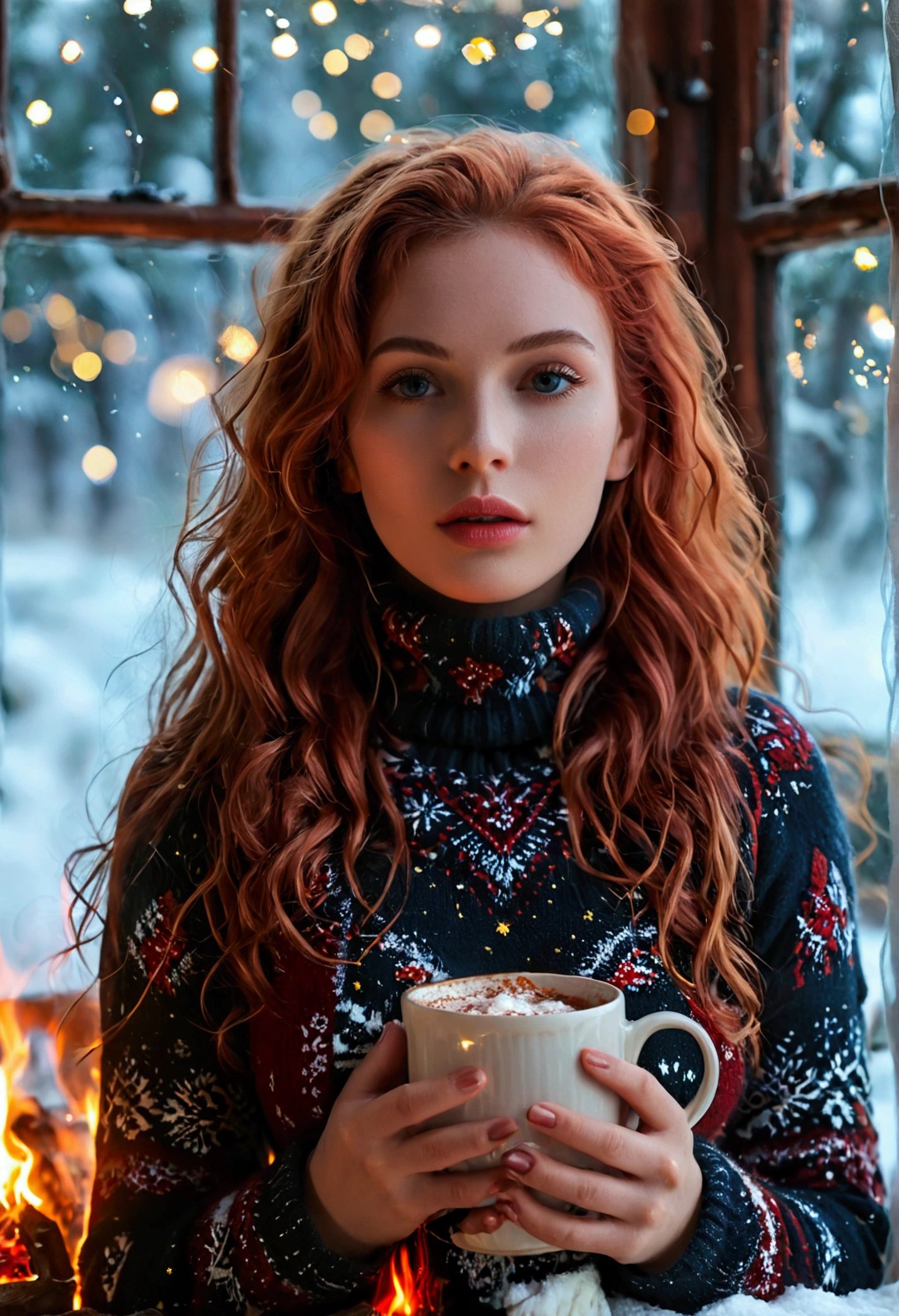 An ultra hot beautiful european woman, age 23, red wavy hair. she's a playmate, men magazine model, enjoying a cozy evening by the fire. She wears a turtleneck winter color wool sweater and tight shorts. Trough the window, winter starry night. Northern lights, Perfect anatomy, perfect hair, perfect breast, perfect body, perfect hands, perfect face, UHD, retina, masterpiece, accurate, anatomically correct, textured skin, cleavage, holding a cup of hot chocolate in her hands