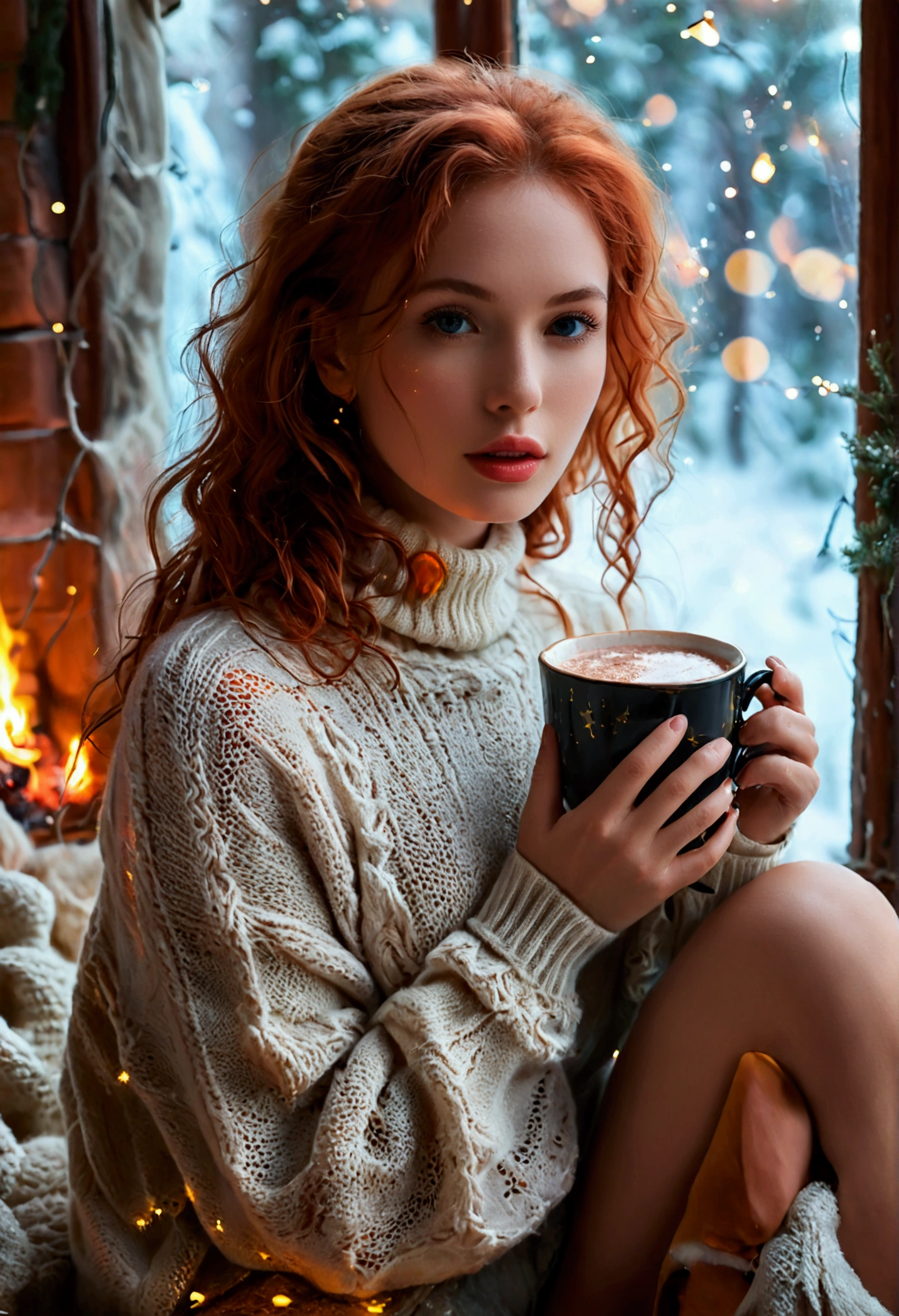 An ultra hot beautiful european woman, age 23, red wavy hair. she's a playmate with natural medium breasts, men magazine model, enjoying a cozy evening at the fireplace in a wooden cabin. She wears a turtleneck winter color wool sweater with cleavage and tight shorts. Trough the window, winter starry night. Northern lights, Perfect anatomy, perfect hair, perfect breast, perfect body, perfect hands, perfect face, UHD, retina, masterpiece, accurate, anatomically correct, textured skin, holding a cup of steaming hot chocolate in her hands
