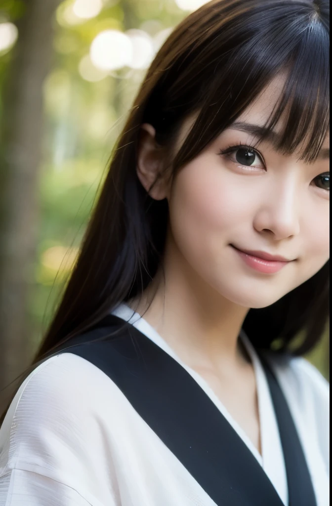best quality, face focus, soft light, ultra high res, (photorealistic:1.4), RAW photo, white skin,
1 Japanese girl, solo, (cute), smile, (pupil, lights in the eyes), (detailed beautiful face), busty,(high resolution detail of human skin texture), long hair, (portrait), upper body, white traditional kimono, in the forest