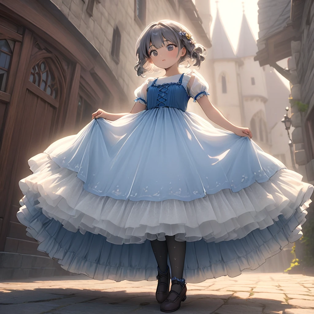 (Highly detailed CG Octane render 8k wallpaper), 8 year old girl underwear, Realistic cotton bloomers, Medieval translucent long dress with panniers, Fabric Realism, Low Angle,  Pull up the dress by hand, Strong winds, Translucent slip, Translucent slip, tights, Highest quality, whole body, I can see your thighs