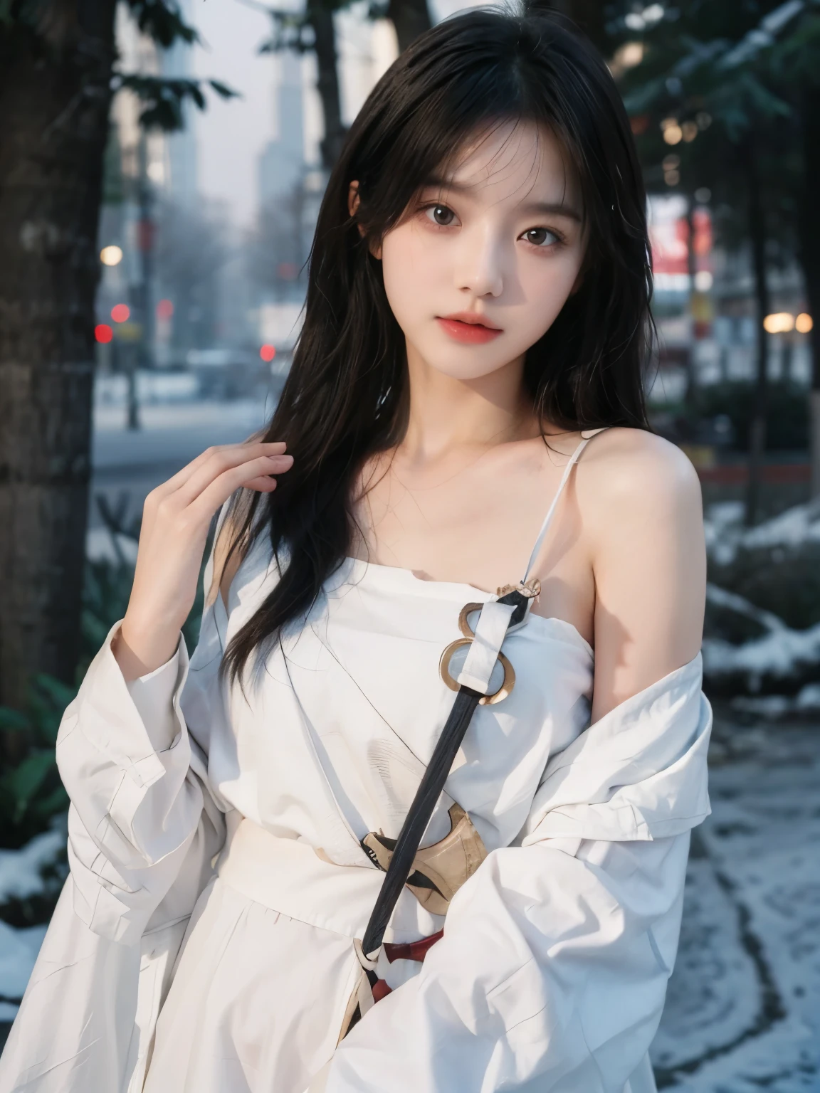 film portrait, 2 women, bare shoulders, shoulder length wavy hair, white coat，snow white sling， (Realistic and detailed eyes, natural skin texture, Realistic facial details),, depth of field, bokeh, Vibrant details, detailed and detailed, surrealism, 35mm film, hazy, ,self shot，