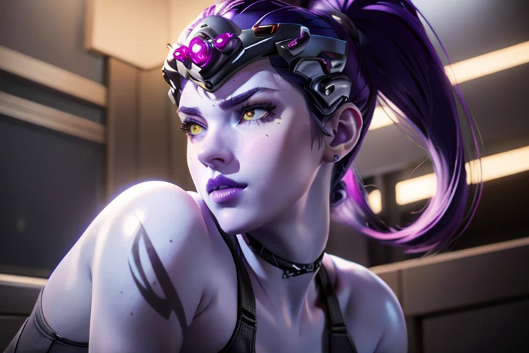 widowmaker , overwatch, 3D, CGI, render, realistic, realism, photorealism, photo-realistic, high contrast, (photorealistic:1.4), 8k high definition detailed realistic, (best quality, masterpiece:1.2), detailed face, yellow eyes, sharp nose, photon mapping, physically-based rendering, best quality, highly detailed, 1girl, overalldetail, (small tits), long hair, blue skin, (purple skin:1.2), tattoo, purple hair, helmet, cute face, close-up, portrait, back