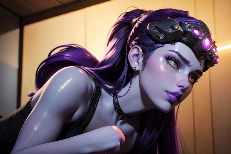 widowmaker , overwatch, 3D, CGI, render, realistic, realism, photorealism, photo-realistic, high contrast, (photorealistic:1.4), 8k high definition detailed realistic, (best quality, masterpiece:1.2), detailed face, yellow eyes, sharp nose, photon mapping, physically-based rendering, best quality, highly detailed, 1girl, overalldetail, (small tits), long hair, blue skin, (purple skin:1.2), tattoo, purple hair, helmet, cute face, close-up, portrait, back