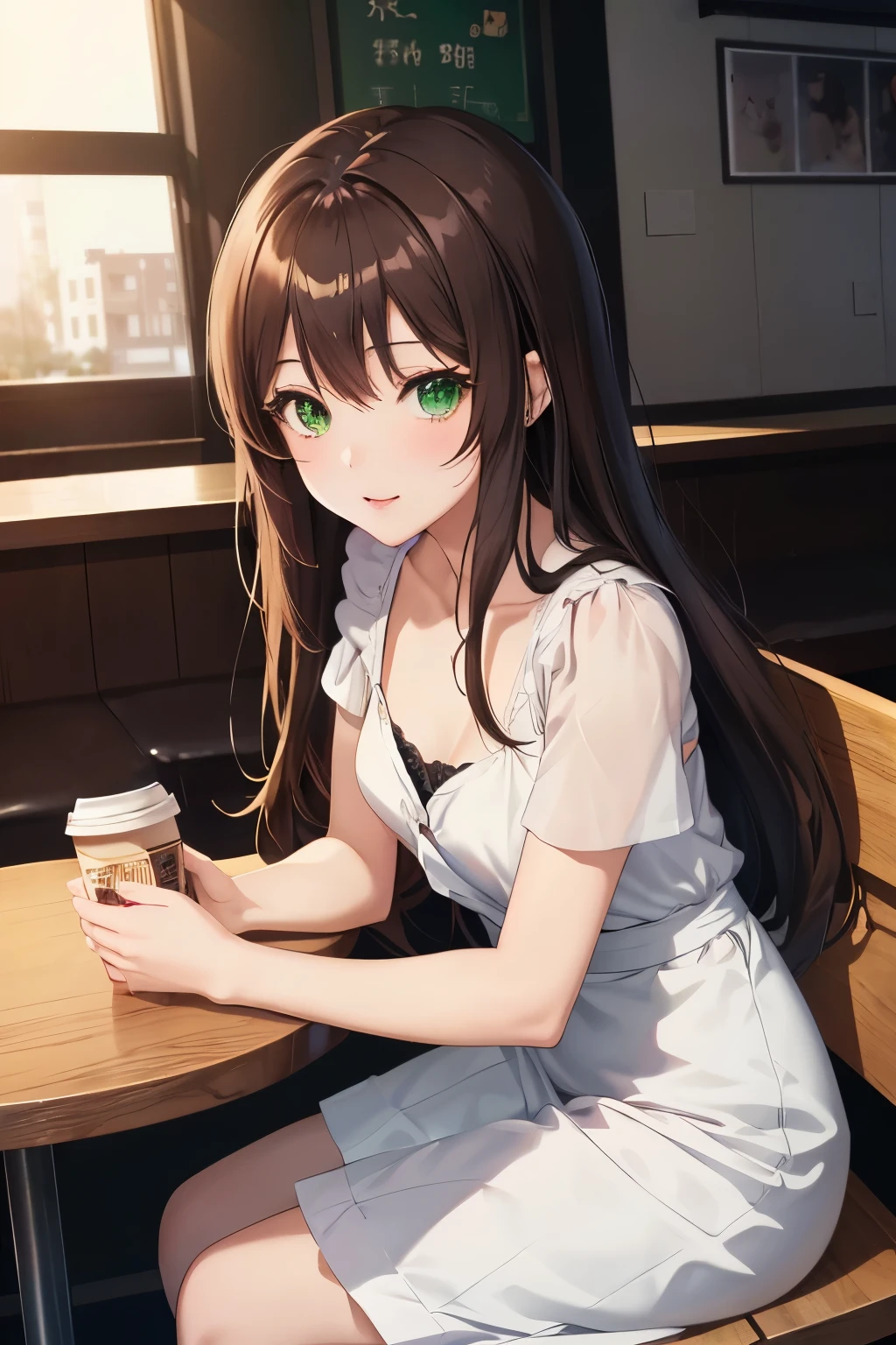 ((masterpiece, Highest quality, High resolution, 超High resolution, Pixel perfect, Written boundary depth, 4K, RTTX 10.0, High resolution))), 1 girl, single, alone, Beautiful Anime Girls, Beautiful art style, Anime characters, ((Shortcuts, bangs, Dark brown hair)), ((Green Eyes:1.4, Round eyes, Beautiful eyelashes, current eyes)), ((Smooth texture:0.75, Anime CG style)), ((Dynamic Angle, close)), Perfect body, (pretty girl), Flat Chest,whole body, Girl sitting at a table drinking coffee, Mysterious Girl from the Coffee Shop, sitting in a cafe, alonesitting in a cafe, Cute anime-like appearance, カフェにalone座っている, everyone, 4K Anime Style, Anime Moe Art Style, Long Hair Anime, At the coffee shop, Cute Anime, 4k anime wallpaper