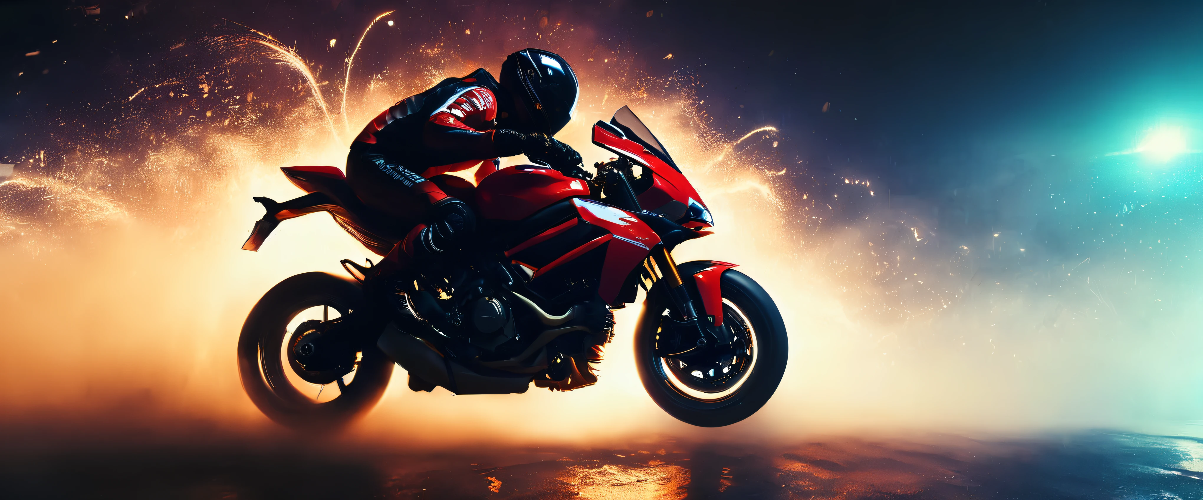 (best quality:1.33), (masterpiece:1.42), (realistic:1.24), (detailed:1.15), science fiction, scenery, Feel the wind in your hair and the rush of adrenaline as you race with a group of skilled bikers riding black and red Ducati 2024 MotoGP bikes, racing down windy mountain roads at high speed, action photography, urban techwear, Use foreshortening to accentuate the sense of depth and movement, glowing neon, glowing, sparks, lightning, motion blur background of the road, The image features a motorcyclist in full gear, riding a sport motorcycle. The rider is equipped with a helmet that has a reflective visor, suggesting the need for protection and visibility, The background suggests motion and speed, with a blurred landscape that implies high velocity. high detail, masterpiece, accurate, anatomically correct, super detail, award winning, highres, 4K, 8k, 16k, retina