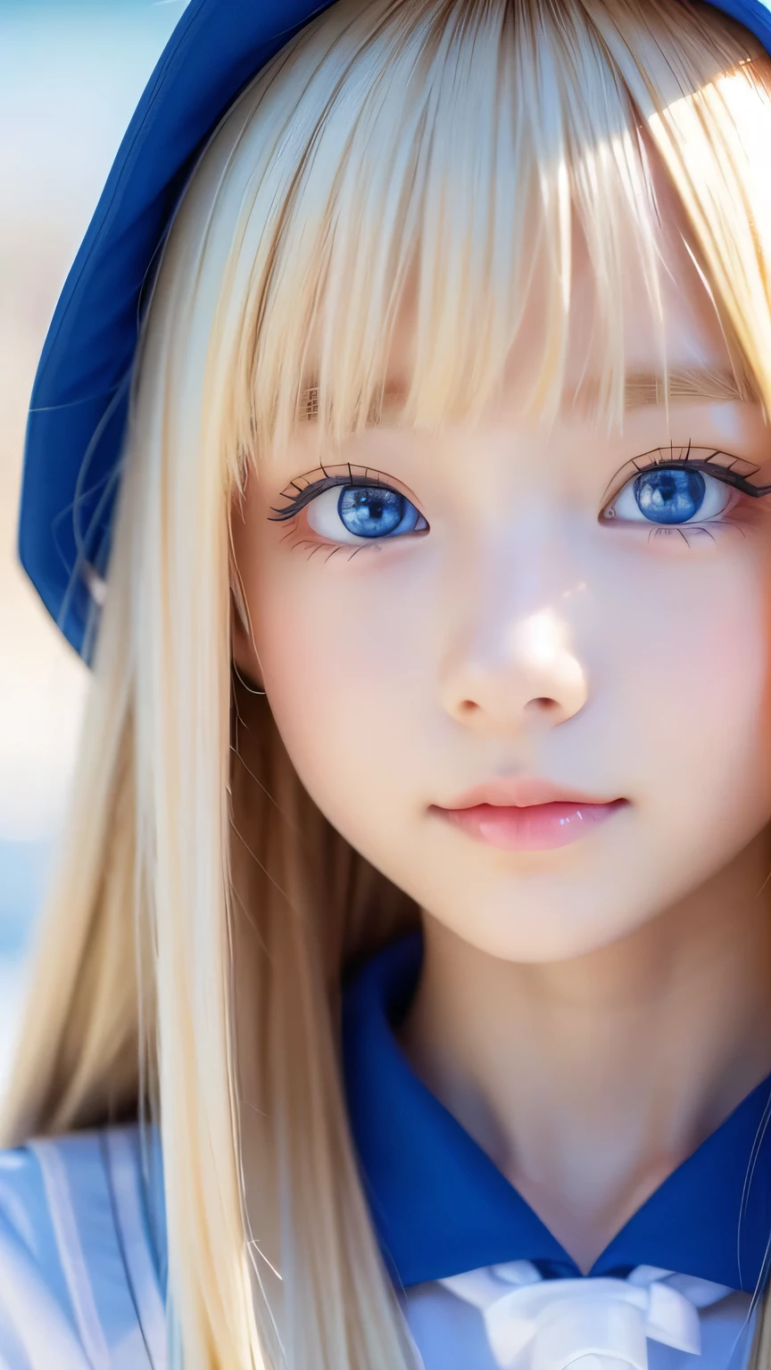 Bust Shot、The most beautiful girls of Nordic、Beautiful, lustrous silk skin that shines white like snow、、Adorable cute beautiful face、(Bright expression)、Beautiful eyes and shiny blonde hair between the eyes、Beautiful large very bright pale blue eyes covered by bangs、Cute beautiful young woman。Golden, bright, straight, platinum blonde, silky, super long hair、A beautiful girl who looks great in a Japanese sailor uniform、Cheek highlighter
