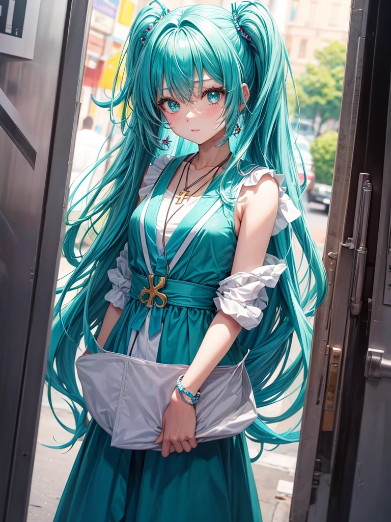 Turquoise hair anime girl waering a cross necklace