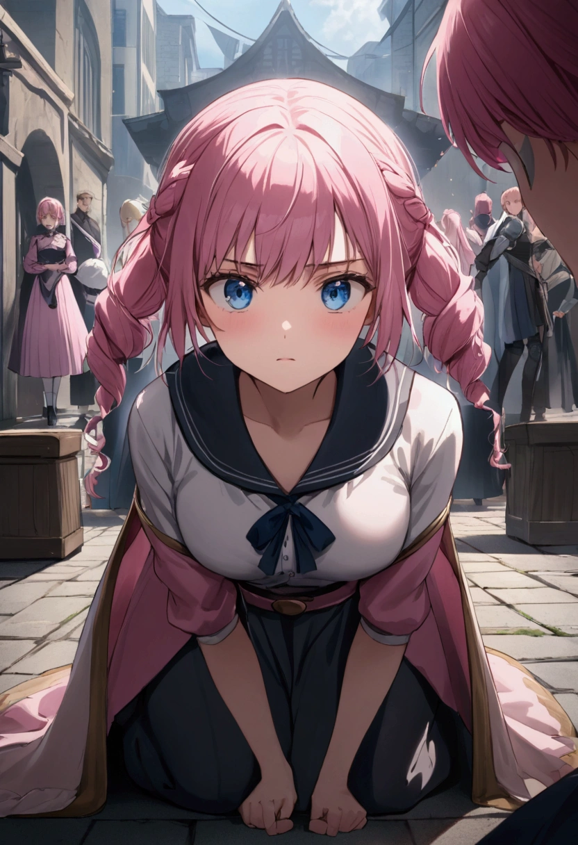 arrogant、Girl with pink hair、blue eyes、Twin Drill、A scene from a movie