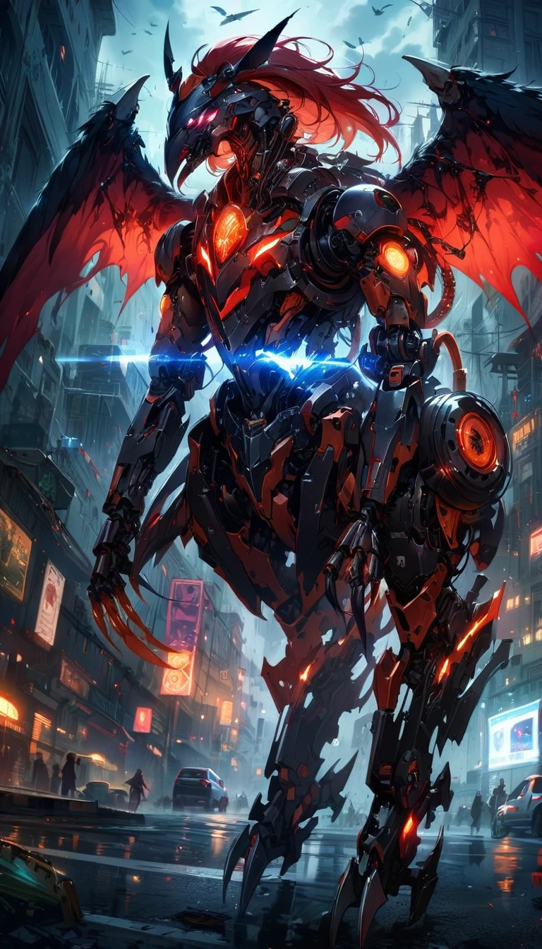 a photorealistic digital painting of a scary mechanical creature, a mix of a female body, bird, and horse, intricate details of mechanical parts and elements, complex mechanism, mechanical body of woman, mechanical horse head, mechanical eagle wings, flight above street, highly detailed, cinematic lighting, dark atmosphere, complex gears, pipes, wires, chrome metallic surfaces, glowing red eyes, sharp talons, robotic limbs, beautifully rendered, masterpiece, horror fantasy background, Cinematic Hollywood Film, full body shot