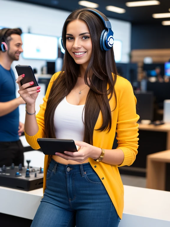 Attractive brunette woman with long hair looking, Smile and use a modern cell phone, with DJ headphones,sexy, in a technology store.