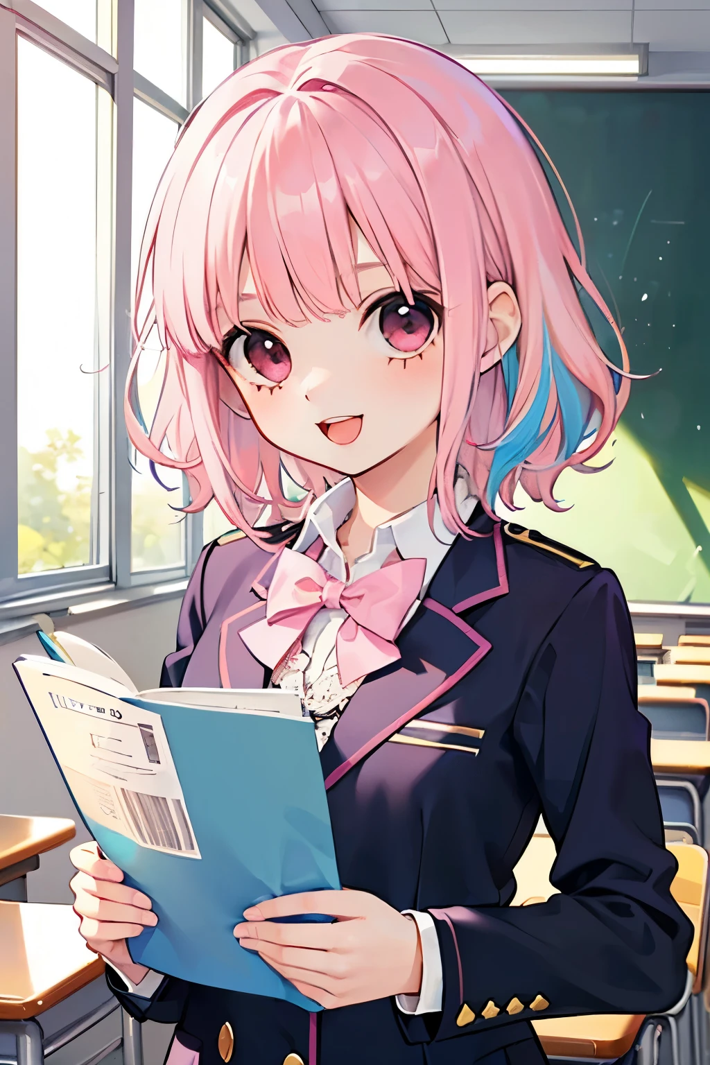 beautiful cute girl,((White-pink hair:1.2)),(Medium wave hair:1.1),(purplered eyes:1.2),(princess:1.1),(student uniform:1.25),(uniform blazer:1.2),((check pattern costume:1.0)),((lace:1.2)),smile,(open your mouth:1.1),(school,classroom:1.15),((I'm still studying:1.1)).