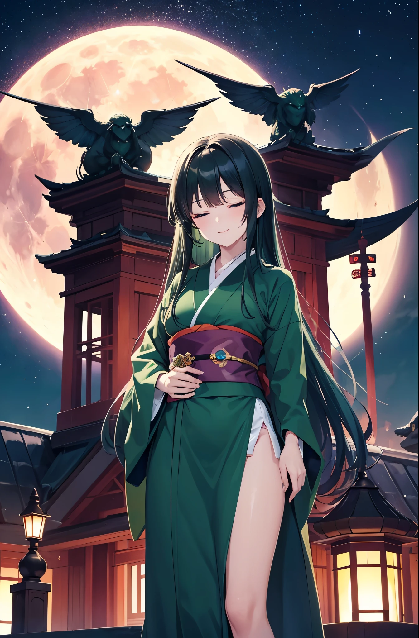 Blue eyes, dark green hair, dark green hair color, voluminous dark green hair, voluminous dark green hair, long straight hair, plain purple kimono.
Both eyes closed, eyes closed, dressed like a basilisk ovolo,
Plain purple kimono, visible from face to knees.
Voluminous dark green hair,
Jet black night sky, big red full moon in the sky
Big red full moon in the sky,
In front of the house, in front of the house
Both eyes closed
Standing pose
Big red moon, moonlight, focus on face, fresh smile, big droopy blue eyes