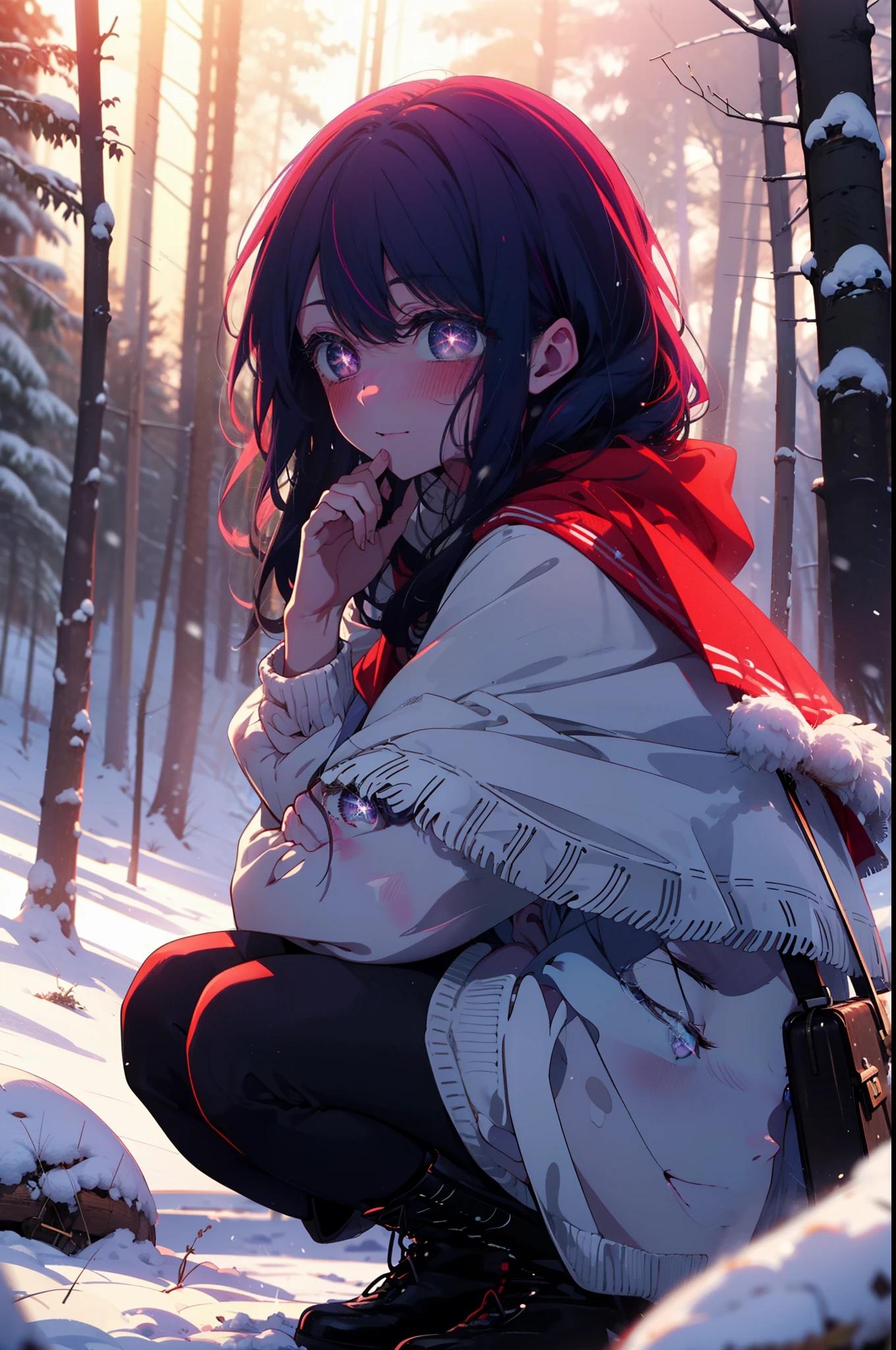 aihoshino, Ai Hoshino, Long Hair, bangs, (Purple eyes:1.1), Purple Hair, (Symbol-shaped pupil:1.5), smile,,smile,blush,white breath,
Open your mouth,snow,Ground bonfire, Outdoor, boots, snowing, From the side, wood, suitcase, Cape, Blurred, , forest, White handbag, nature, Squat, Mouth closed, Cape, winter, Written boundary depth, Black shoes, red Cape break looking at viewer, Upper Body, whole body, break Outdoor, forest, nature, break (masterpiece:1.2), Highest quality, High resolution, unity 8k wallpaper, (shape:0.8), (Beautiful and beautiful eyes:1.6), Highly detailed face, Perfect lighting, Extremely detailed CG, (Perfect hands, Perfect Anatomy),