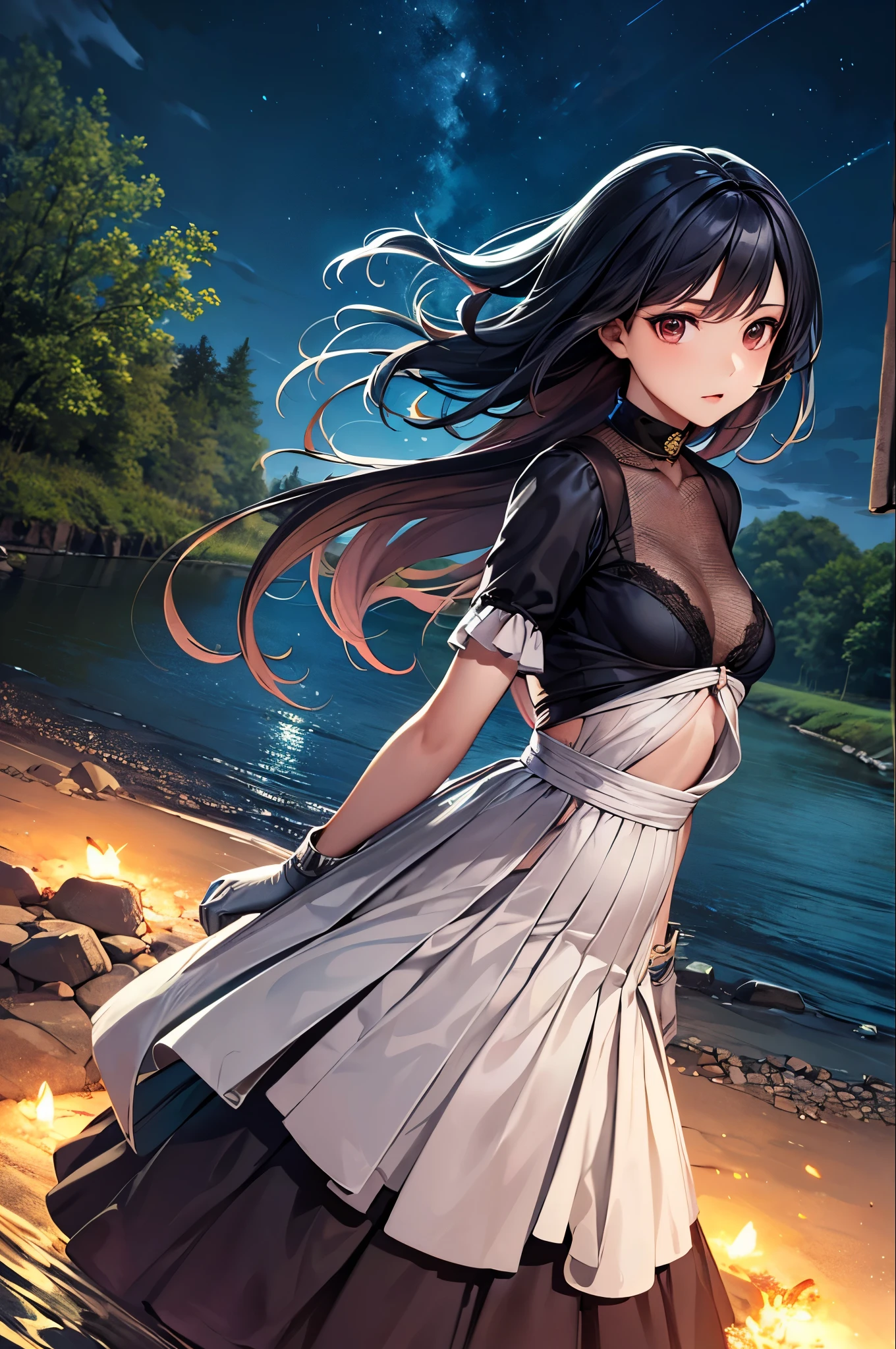 original, (masterpiece), (figure), (Very nice and beautiful), (Perfect detail), (Unity CG 8K Wallpaper:1.05), (Beautiful and vivid background:1.25), (Depth of written boundary:0.7),One girl, (Stand along the river:1.15).(Hair blowing in the wind:1.1),Butterflies are flying around, (Moonlight:0.6), wood, (summer), (night:1.2), (close:0.35), (gloves:0.8), alone ,