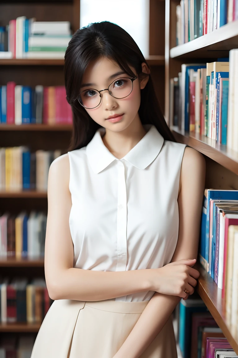 (Highest quality、Tabletop、8k、Award-winning works、Ultra-high resolution、Best image quality)、One beautiful woman、(The perfect sleeveless white collared blouse:1.2)、(White polyester sleeveless、Blouse with buttoned collar:1.3)、(Elegant tight mini skirt:1.1)、(Huge breasts:1.1)、(Elegant round glasses:1.2)、library、(Standing Elegantly:1.1)、(Strongly blurred background:1.1)、Stand next to a bookshelf、(Perfectly organized bookshelf:1.1)、Bookshelf in the background、居心地の良いlibrary、lipstick、Long eyelashes、Heavy makeup、Perfect Makeup、Colored contact lenses、(Accentuate your body lines:1.1)、Soft and warm lighting、Detailed bookshelf、(Ultra-high resolutionの正確な美しい髪:1.1)、(Accurate anatomy:1.2)、Ultra-high definition beautiful eyes、(Super bright and radiant skin:1.1)