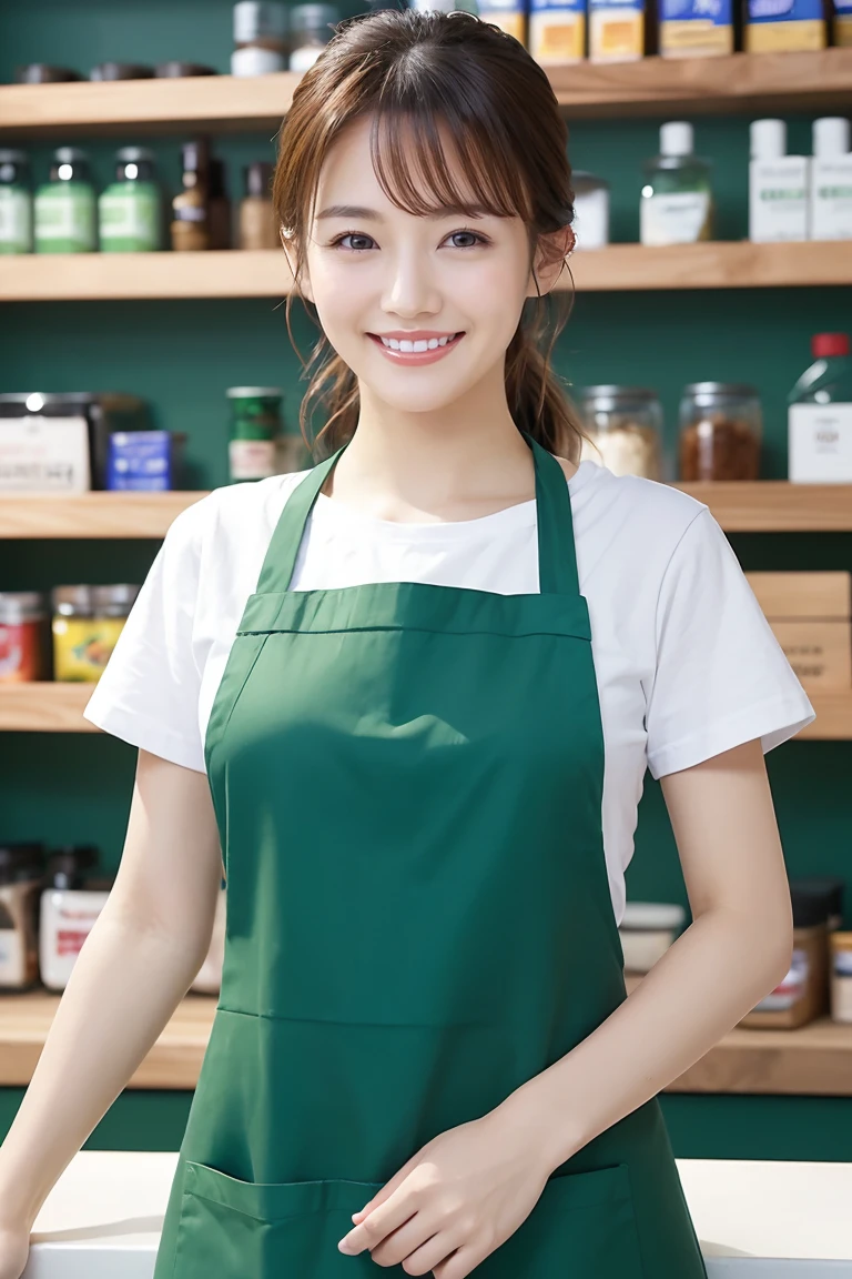 (Highest quality、Tabletop、8k、Best image quality、Award-winning works)、a woman working at a convenience store、(The most natural and perfect plain green simple apron:1.3)、(Simple green apron:1.2)、Classy shirt、(Big Breasts:1.1)、(Accentuate your body lines:1.1)、(Standing Elegantly:1.1)、Beautiful woman portrait、The most natural and perfectly organized convenience store、There are convenience store shelves in the background.、Perfectly organized shelves、Shelves lined with products made from natural materials、(very bright and vivid:1.2)、Strongly blurred background、Look at me and smile、(Accurate anatomy:1.1)、Ultra high resolution perfect beautiful teeth、Ultra-high definition beauty face、Ultra HD Hair、Ultra HD Shining Eyes、(輝く超高解像度のGlowing Beautiful Skin:1.3)、(Glowing Beautiful Skin:1.2)、Super high quality glossy lip