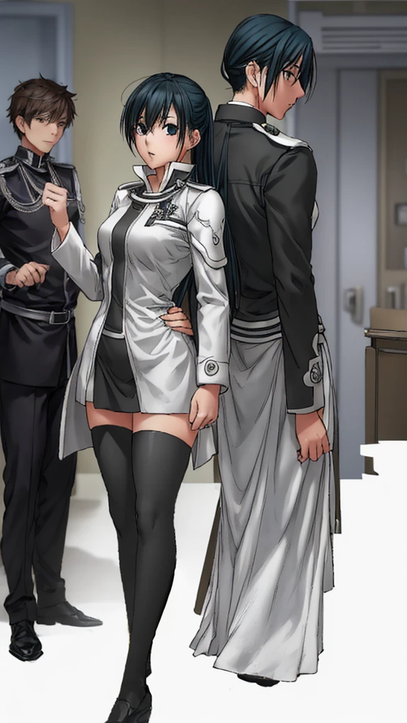 Beautiful-legged Lenalee is standing in the medical room in a miniskirt uniform.。Next to Lenalee is a middle-aged male doctor in a white coat.。