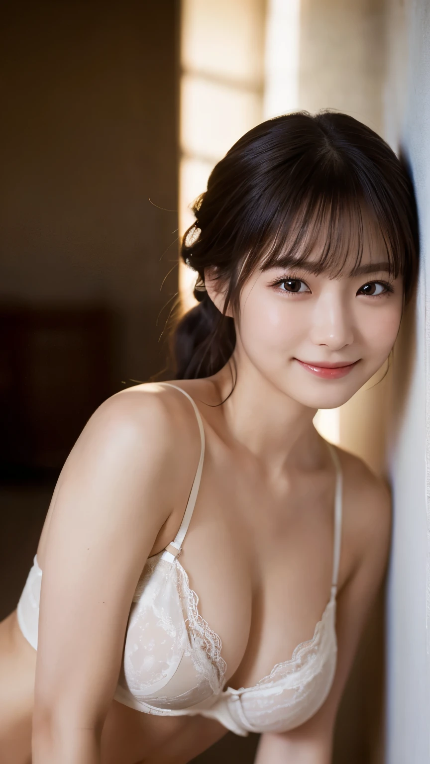 (Highest quality,masterpiece:1.3,Ultra-high resolution),(Very detailed,Caustics,8k),(Realistic:1.4,RAW shooting),1 girl,(Smiling and looking down at the camera),(Front shot:1.1),(Look forward),18-year-old,cute,Japanese,Black short ponytail,,glamorous,(Big Breasts),( close),(breast focus),street,sunlight,Natural light,(Backlight),(A bright light shines from behind),(Lens flare),Professional Writing,(Lingerie Shots),(Low position:1.3),(Low Angle:1.3)
