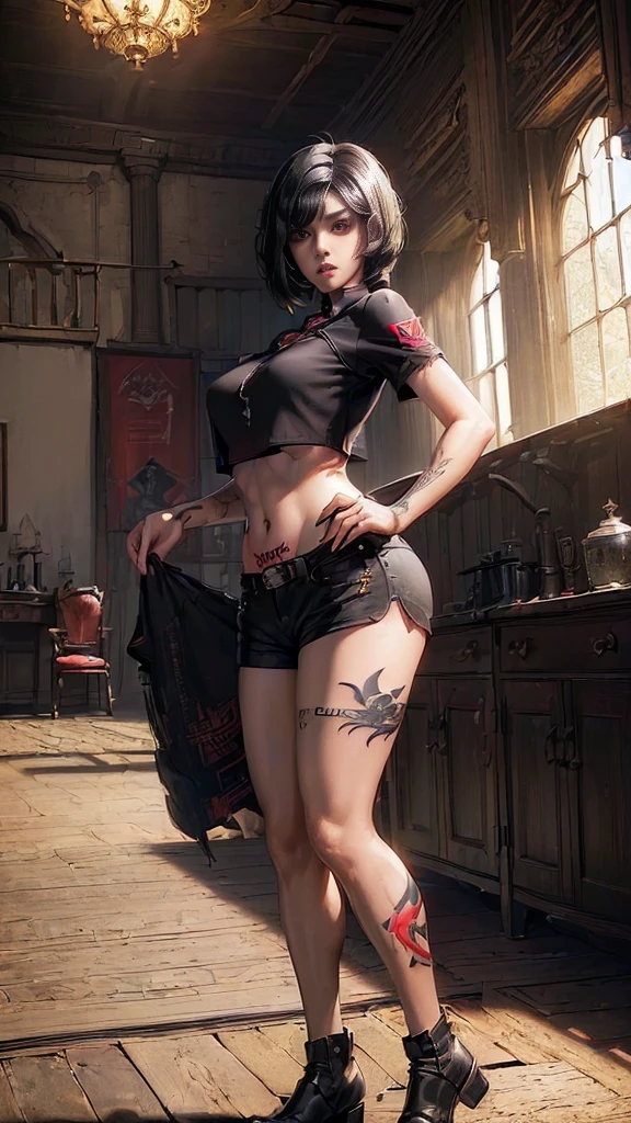 (( (T Masterpiece),1 female,(Highly detailed CG Unity 8k wallpaper, highest quality,cinematic lighting,photoreal, detailed background,detailed eyes,(very detailed and beautiful),(Beautiful and detailed eyes description),Super detailed,T Masterpiece,High resolution)), (perfect anatomy:1.2), (buckshot:1.4), Curvaceous, (constricted waist, big and firm butt), ((short black hair:1.8)), (red eyes:1.4), (shirt that emphasizes the chest:1.5), (shorts:1.5), ((indoor:1.5)), (Black eyeliner,black lips), (TATTOO on right side and left thigh:1.5)