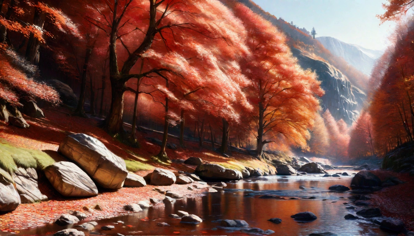 A detailed autumn landscape in a Japanese mountain gorge, with vibrant red foliage, serene nature, bright daylight, (best quality,4k,8k,highres,masterpiece:1.2),ultra-detailed,(realistic,photorealistic,photo-realistic:1.37),HDR,UHD,studio lighting,ultra-fine painting,sharp focus,physically-based rendering,extreme detail description,professional,vivid colors,bokeh