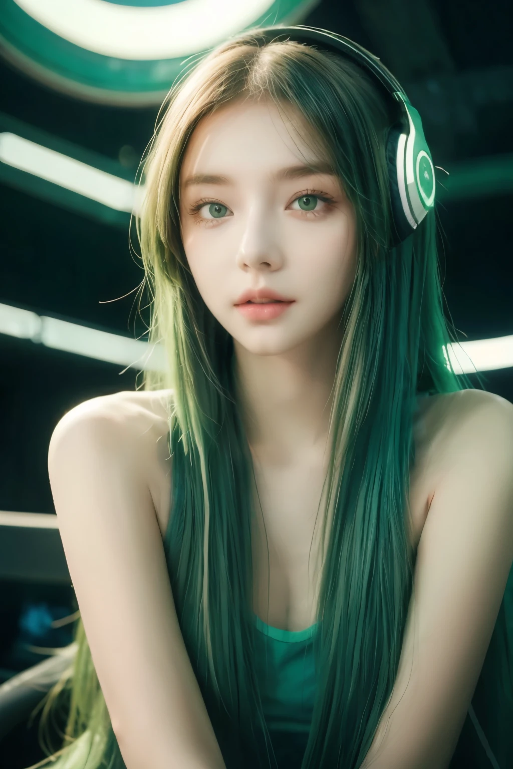 girl with long green hair, green eyes, futuristic vibe, mask for mouth, headphone, 8k, high quality, simple background, shining eyes, Good posture