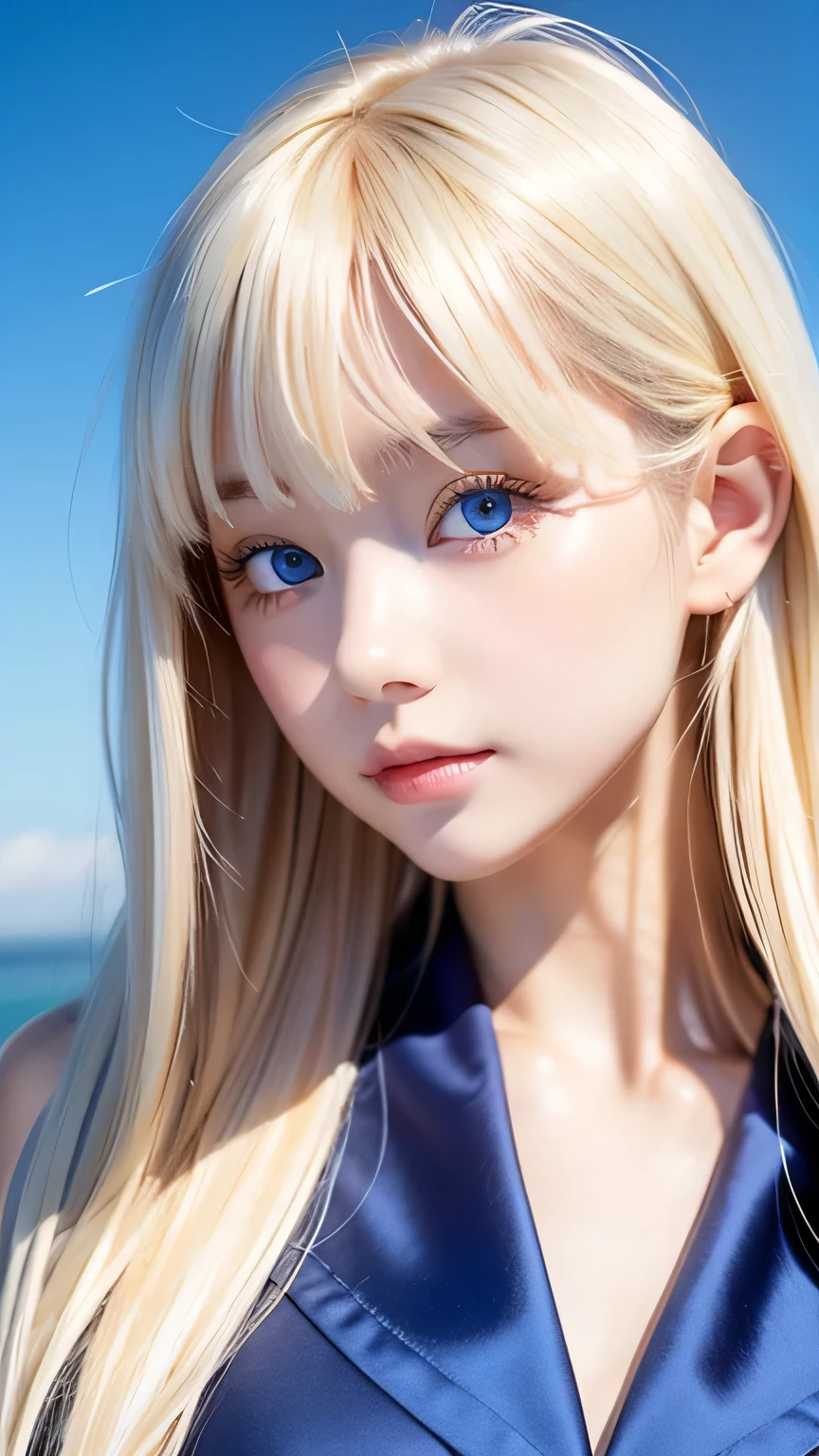 Bust Shot、The most beautiful girls of Nordic、Beautiful, lustrous silk skin that shines white like snow、16 years old、Adorable cute beautiful face、（Bright expression）、Beautiful eyes and shiny blonde hair between the eyes、Beautiful large very bright pale blue eyes covered by bangs、Cute beautiful young woman。Golden, bright, straight, platinum blonde, silky, super long hair、A beautiful girl who looks great in a Japanese sailor uniform、Cheek highlighter