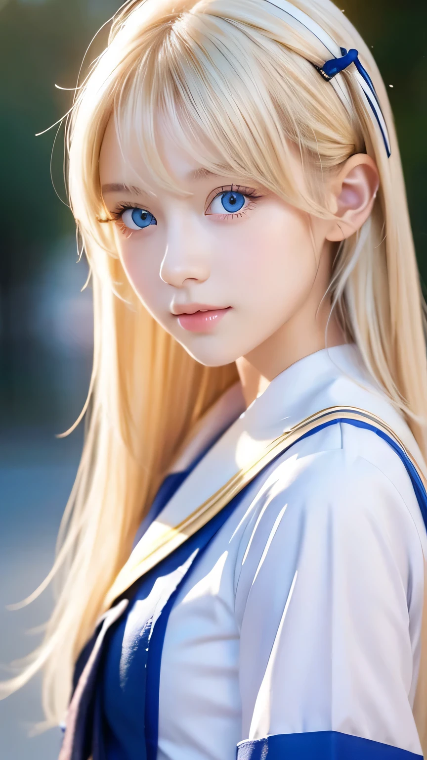 Bust Shot、The most beautiful girls of Nordic、Beautiful, lustrous silk skin that shines white like snow、16 years old、Adorable cute beautiful face、(Bright expression)、Beautiful eyes and shiny blonde hair between the eyes、Beautiful large very bright pale blue eyes covered by bangs、Cute beautiful young woman。Golden, bright, straight, platinum blonde, silky, super long hair、A beautiful girl who looks great in a Japanese sailor uniform、Cheek highlighter
