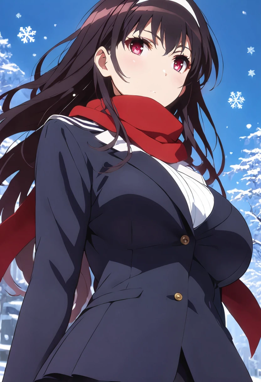 （best quality，4K，8K，high resolution，masterpiece：1.4），Extremely detailed，Detail face：1.3，White sweater，red scarf，Perfect body，Large Breasts，Fashion，winter，Snowflakes falling，Anime style