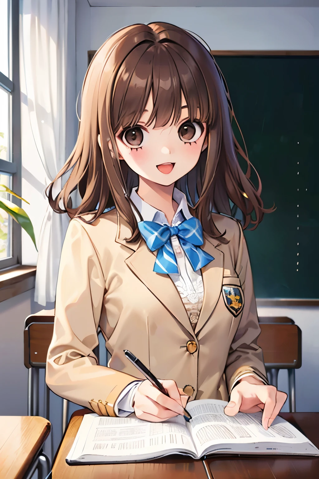 beautiful cute girl,((brown hair:1.2)),(Medium wave hair:1.1),(beige eyes:1.2),(princess:1.1),(student uniform:1.25),(uniform blazer:1.2),((check pattern costume:1.0)),((lace:1.2)),smile,(open your mouth:1.1),(school,classroom:1.15),((I'm still studying:1.1)).
