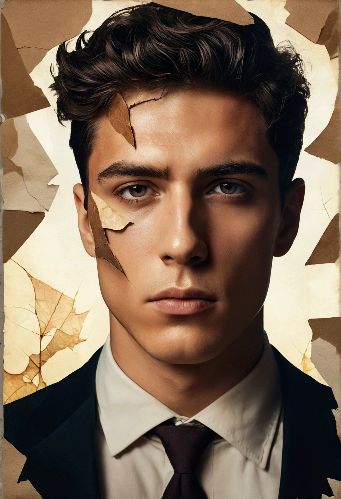 a handsome young man, double exposure, surreal, postcard, cracked paper, extremely dynamic, unusual, vintage, busto, face, portrait, dramatic lighting, cinematic, warm tones, moody, dreamy, emotional, (best quality,4k,8k,highres,masterpiece:1.2),ultra-detailed,(realistic,photorealistic,photo-realistic:1.37),dramatic pose